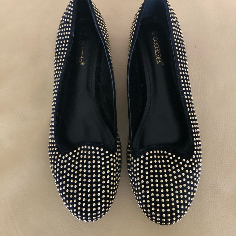 Shoedazzle Black Suede with Gold Stud Flats